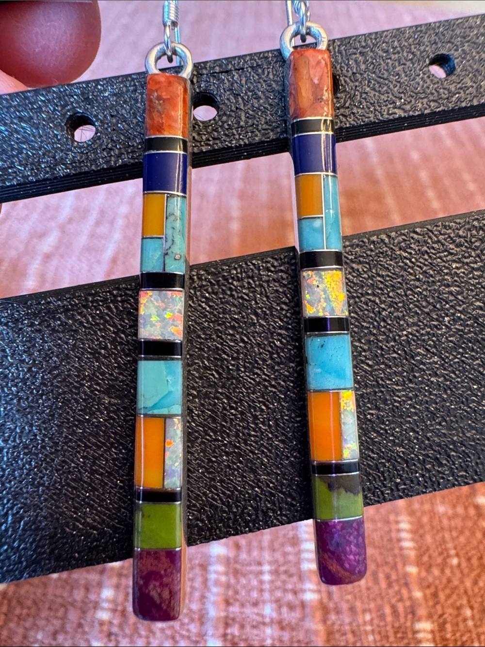 Multi-Color Stone Inlay Bar Drop Earrings - Women Jewelry - Picture 4 of 6